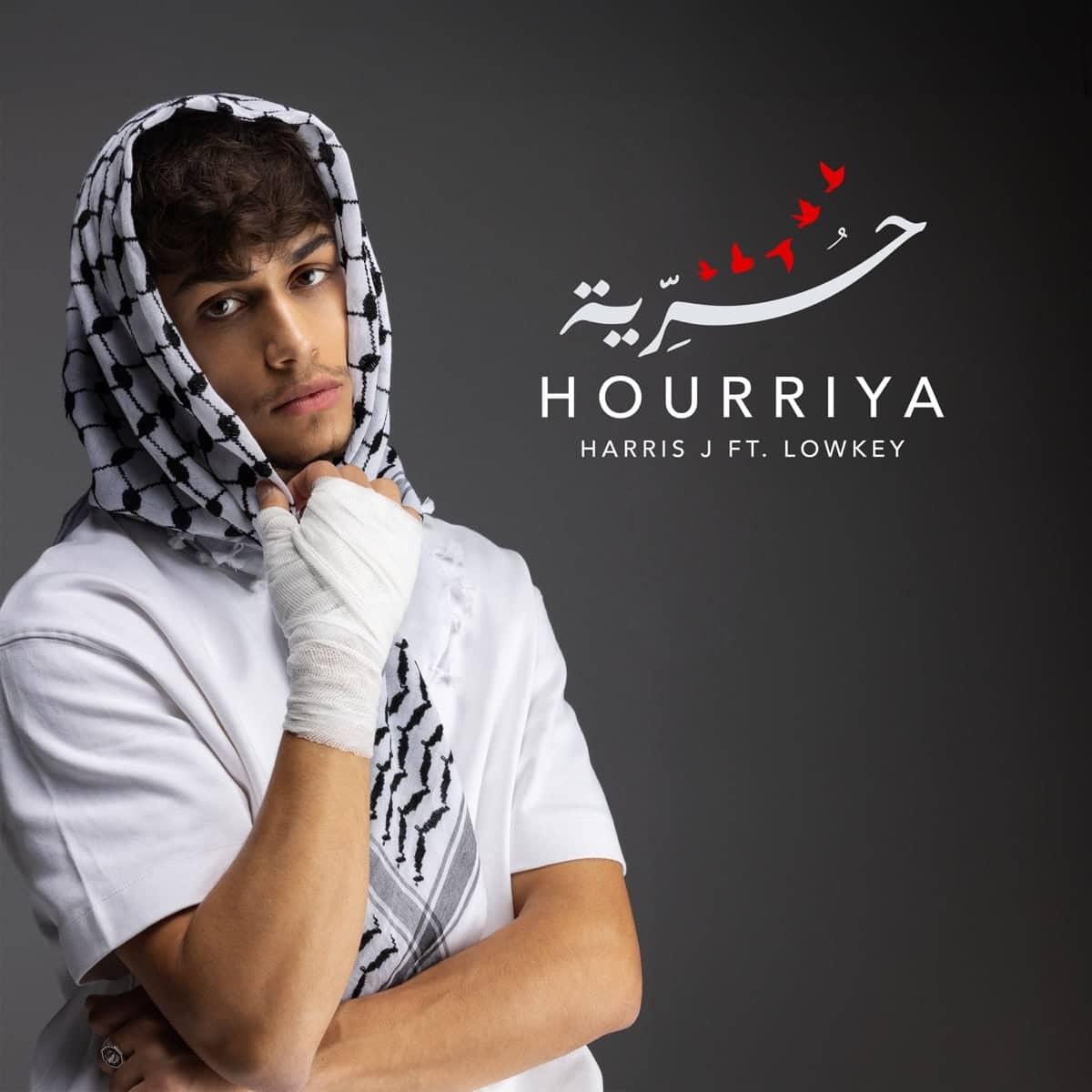Hourriya cover: Harris J wearing a keffiyeh, with the title in Arabic and English